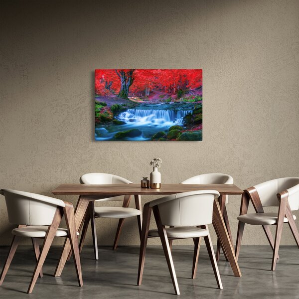Obraz vodopádu v červenom lese (90x60 cm)