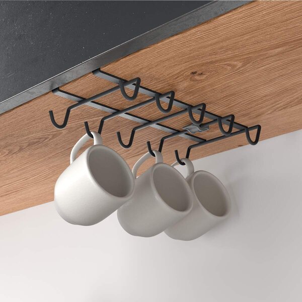 METALTEX Držiak na hrnčeky s 10 háčikmi, závesný pod policu, bez montáže, MYMUG LAVA, čierny