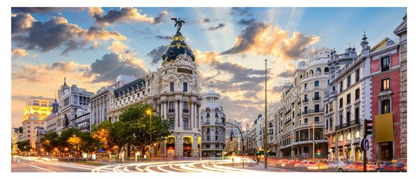 Obraz - Calle Gran Vía, Madrid, Španielsko (120x50 cm)