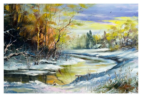 Obraz zimnej rieky, olejomaľba (90x60 cm)