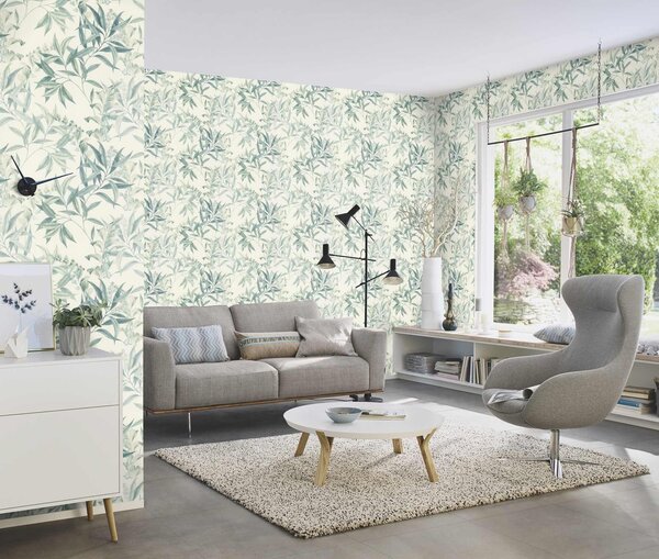 RASCH | Vliesová tapeta na stenu Liverna 417340 | 0,53 x 10,05 m | vining ivy, tyrkysová, biela