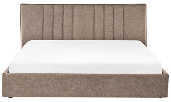 Posteľ s úložným priestorom sivobéžová látkové čalúnenie 180 x 200 cm s čelom a roštom moderný minimalistický štýl spálňa