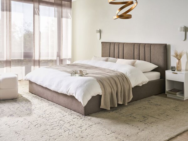 Posteľ s úložným priestorom sivobéžová látkové čalúnenie 180 x 200 cm s čelom a roštom moderný minimalistický štýl spálňa