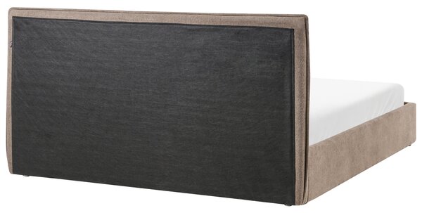 Posteľ s úložným priestorom sivobéžová látkové čalúnenie 180 x 200 cm s čelom a roštom moderný minimalistický štýl spálňa