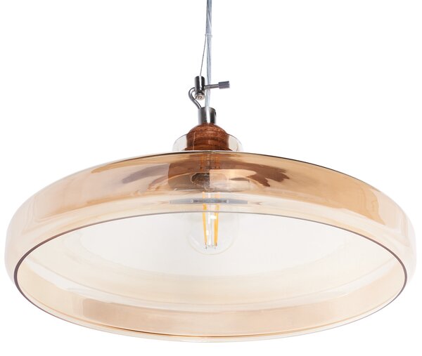 Závesná lampa priehľadná svetlé drevo sklo PVC okrúhly tvar na strop moderný štýl obývačka jedáleň