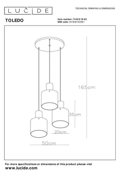 Lucide 74405/13/62 závesné stropné svietidlo Toledo 3x60W | E27