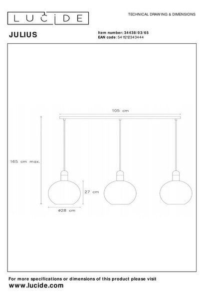 Lucide 34438/03/65 závesné stropné svietidlo Julius 3x25W | E27