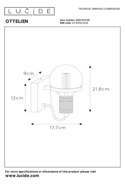 Lucide 30271/01/30 nástenné svietidlo Ottelien 1x60W | E27