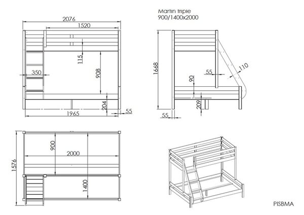 Biela poschodová detská posteľ z borovicového dreva 140x200/90x200 cm Pino Martin – Vipack