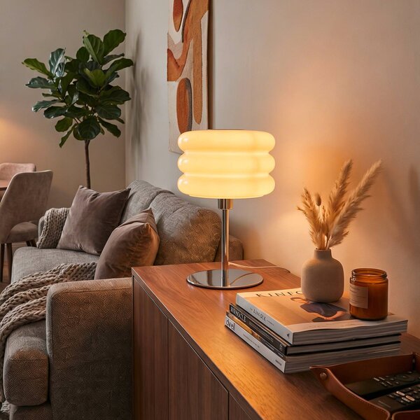 EGLO Stolová lampa Tortora, biela, sklo, kov, výška 30 cm, E14, Biela / opálová, Obývacia izba / jedáleň, Sklo, Štýl mladých, Stojacie svietidlo