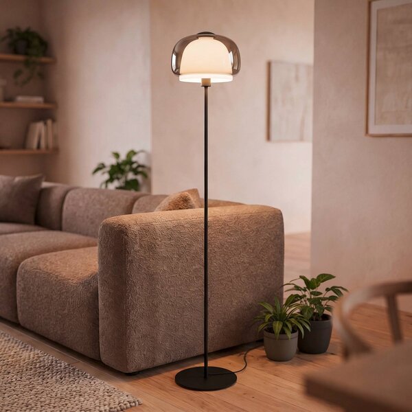 EGLO Stojacia lampa Belomontejo, čierno-priehľadná, sklo, oceľ, E27, Hliník / sivá / zinok, Obývacia izba / jedáleň, kov, Štýl mladých, Stojaca lampa