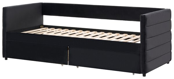 Posteľ čierna zamatové čalúnenie jednolôžko 90 x 200 cm lamelový rošt zásuvky úložný priestor moderný štýl