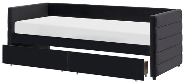 Posteľ čierna zamatové čalúnenie jednolôžko 90 x 200 cm lamelový rošt zásuvky úložný priestor moderný štýl