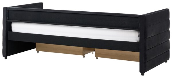 Posteľ čierna zamatové čalúnenie jednolôžko 90 x 200 cm lamelový rošt zásuvky úložný priestor moderný štýl