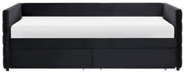 Posteľ čierna zamatové čalúnenie jednolôžko 90 x 200 cm lamelový rošt zásuvky úložný priestor moderný štýl
