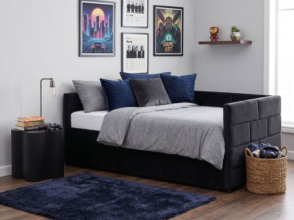 Posteľ čierna zamatové čalúnenie jednolôžko 90 x 200 cm lamelový rošt zásuvky úložný priestor moderný štýl