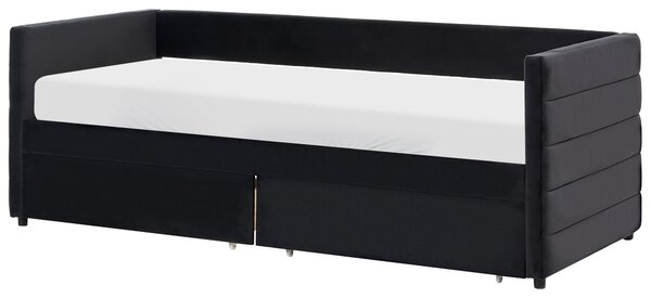 Posteľ čierna zamatové čalúnenie jednolôžko 90 x 200 cm lamelový rošt zásuvky úložný priestor moderný štýl