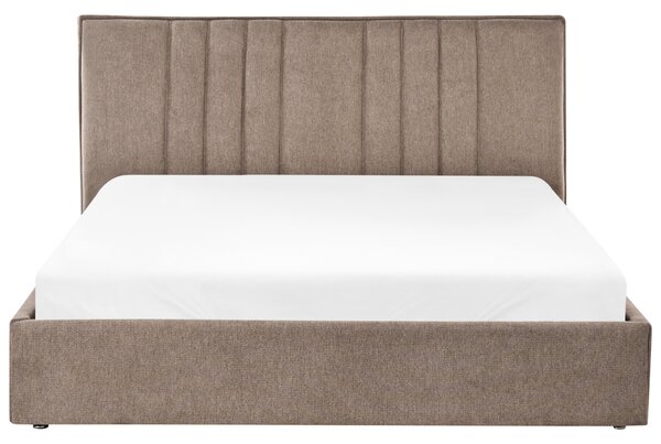 Posteľ s úložným priestorom sivobéžová látkové čalúnenie 160 x 200 cm s čelom a roštom moderný minimalistický štýl spálňa