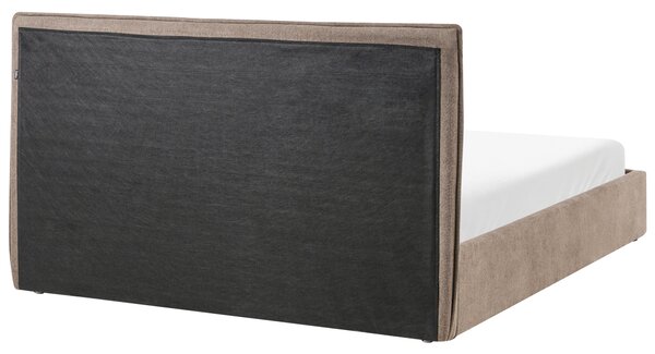 Posteľ s úložným priestorom sivobéžová látkové čalúnenie 160 x 200 cm s čelom a roštom moderný minimalistický štýl spálňa
