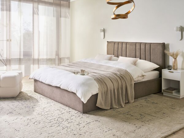Posteľ s úložným priestorom sivobéžová látkové čalúnenie 160 x 200 cm s čelom a roštom moderný minimalistický štýl spálňa