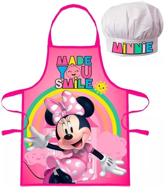 Detská / dievčenská zástera s kuchárskou čiapkou Minnie Mouse - Disney - motív s dúhou - pre deti 3 - 8 rokov