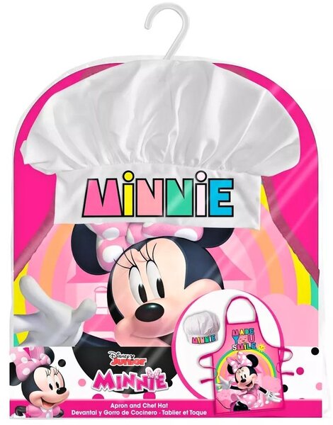 Detská / dievčenská zástera s kuchárskou čiapkou Minnie Mouse - Disney - motív s dúhou - pre deti 3 - 8 rokov