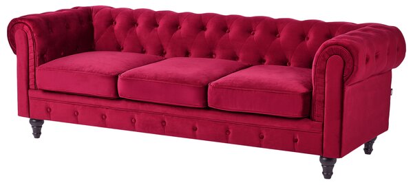 Sedacia súprava chesterfield červená zamatová čalúnená čierne nohy 3-miestna pohovka s kreslom moderná