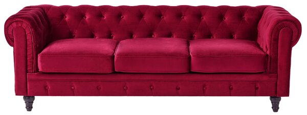 Sedacia súprava chesterfield červená zamatová čalúnená čierne nohy 3-miestna pohovka s kreslom moderná
