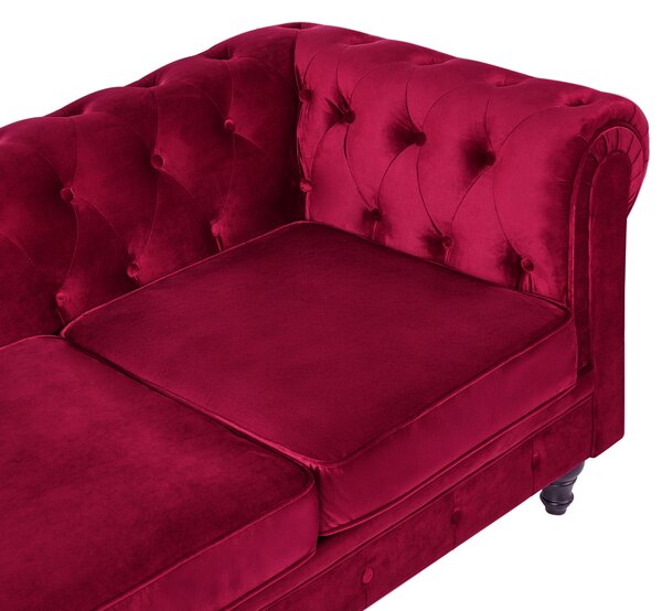 Sedacia súprava chesterfield červená zamatová čalúnená čierne nohy 3-miestna pohovka s kreslom moderná