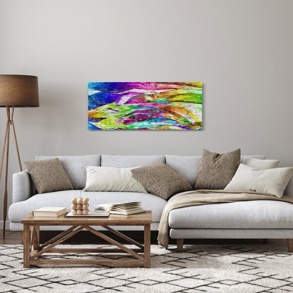 Obraz - Tehlový múr s farebnými plameňmi (120x50 cm)