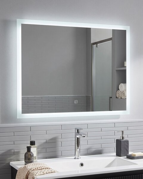 Nástenné zrkadlo strieborná syntetika sklo 80 x 60 cm obdĺžnikový tvar s LED osvetlením moderný štýl kúpeľňa