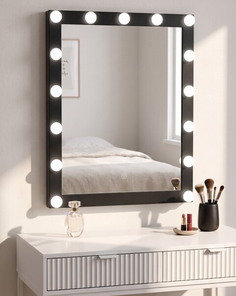 Nástenné kozmetické zrkadlo s LED svetlom čierne 50 x 60 cm obdĺžnikový tvar hollywoodske so žiarovkami toaletný stolík glamour štýl