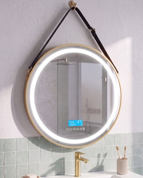 Kúpeľňové nástenné LED zrkadlo zlaté okrúhle 60 x 60 cm s Bluetooth reproduktorom