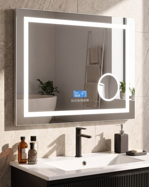 Kúpeľňové nástenné LED zrkadlo strieborné obdĺžnikové 80 x 60 cm s Bluetooth reproduktorom