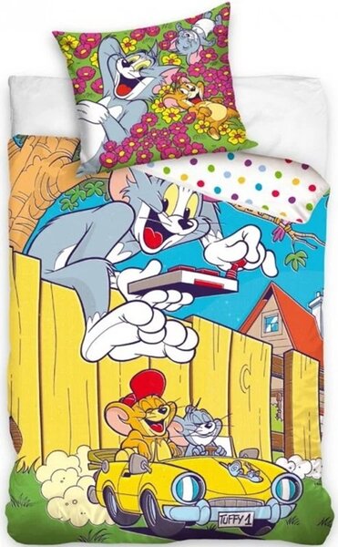 Bavlnené posteľné obliečky Tom a Jerry v žltom kabriolete - 100% bavlna Renforcé - 70 x 90 cm + 140 x 200 cm