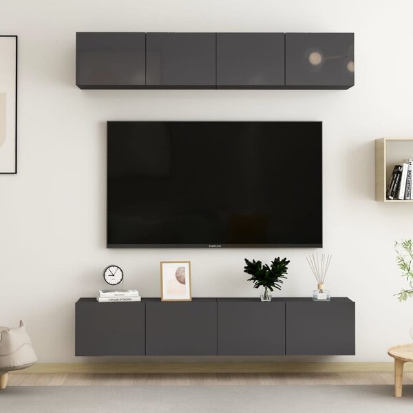 4-dielna súprava TV skriniek lesklá sivá 80x30x30 cm drevotrieska