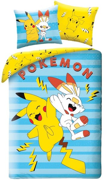 Obojstranné posteľné obliečky Pokémoni Pikachu a Scorbunny - 100% bavlna - 70 x 90 cm + 140 x 200 cm