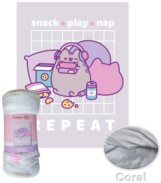 Coral fleece deka mačička Pusheen - motív Snack ★ Play ★ Nap & Repeat - 130x170 cm
