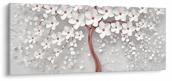 Obraz - Obraz bieleho stromu s kvetinami, rosegold (120x50 cm)