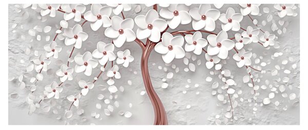 Obraz - Obraz bieleho stromu s kvetinami, rosegold (120x50 cm)