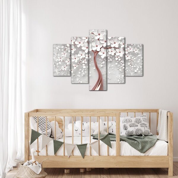 Obraz - Obraz bieleho stromu s kvetinami, rosegold (150x105 cm)