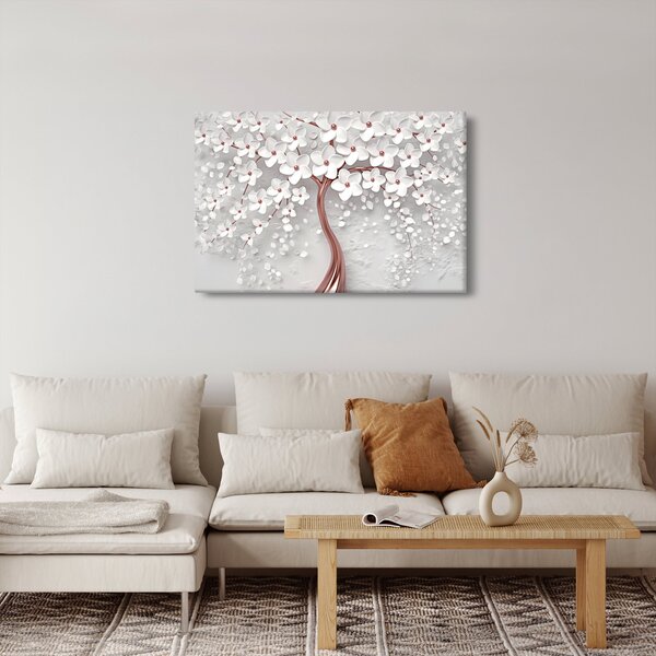 Obraz - Obraz bieleho stromu s kvetinami, rosegold (90x60 cm)