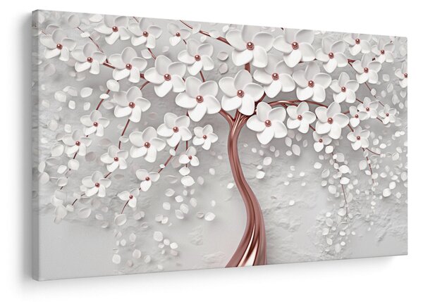 Obraz - Obraz bieleho stromu s kvetinami, rosegold (90x60 cm)