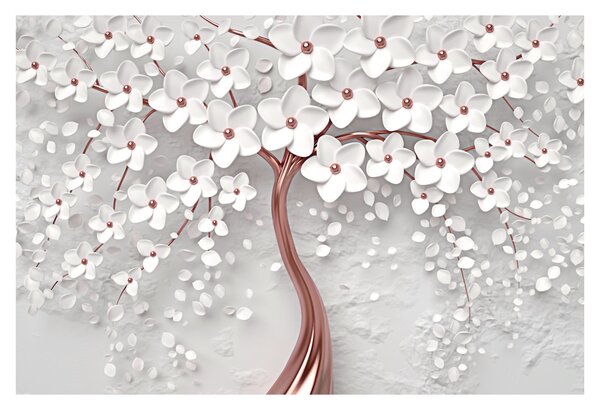 Obraz - Obraz bieleho stromu s kvetinami, rosegold (90x60 cm)