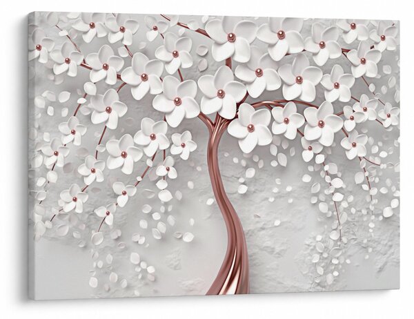 Obraz - Obraz bieleho stromu s kvetinami, rosegold (70x50 cm)