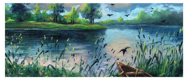 Obraz - Olejomaľba, Letný podvečer pri jazere (120x50 cm)