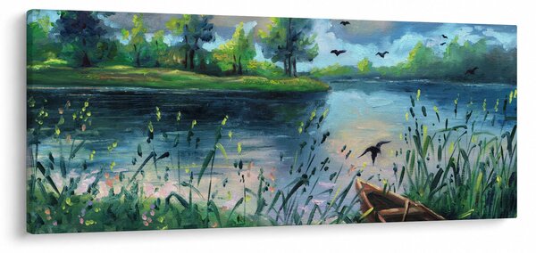 Obraz - Olejomaľba, Letný podvečer pri jazere (120x50 cm)