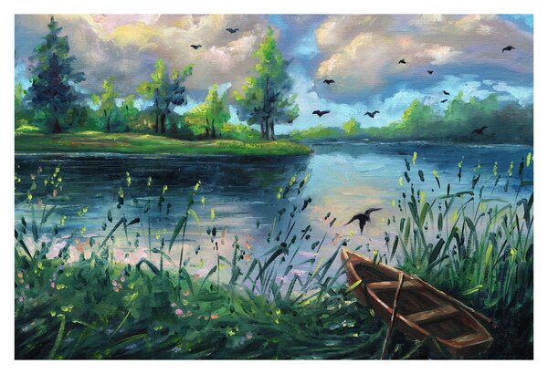 Obraz - Olejomaľba, Letný podvečer pri jazere (90x60 cm)