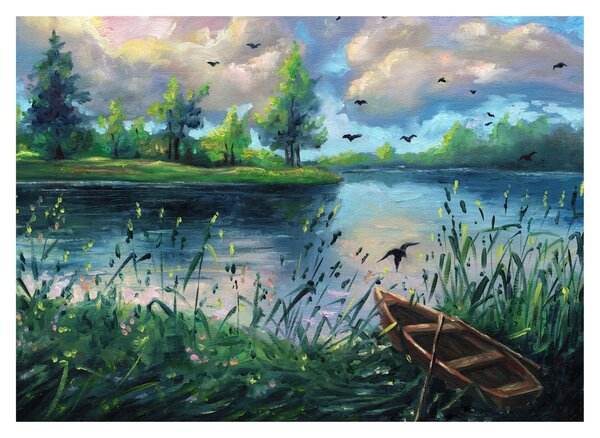 Obraz - Olejomaľba, Letný podvečer pri jazere (70x50 cm)