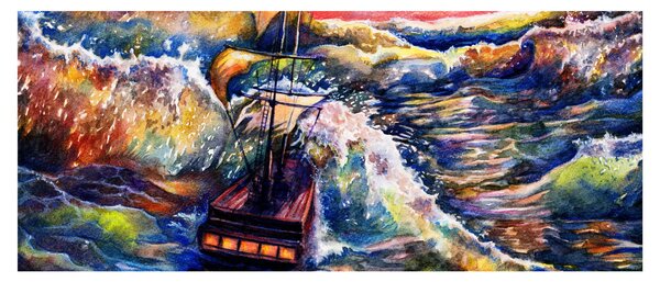 Obraz - Loď na oceánskych vlnách, aquarel (120x50 cm)